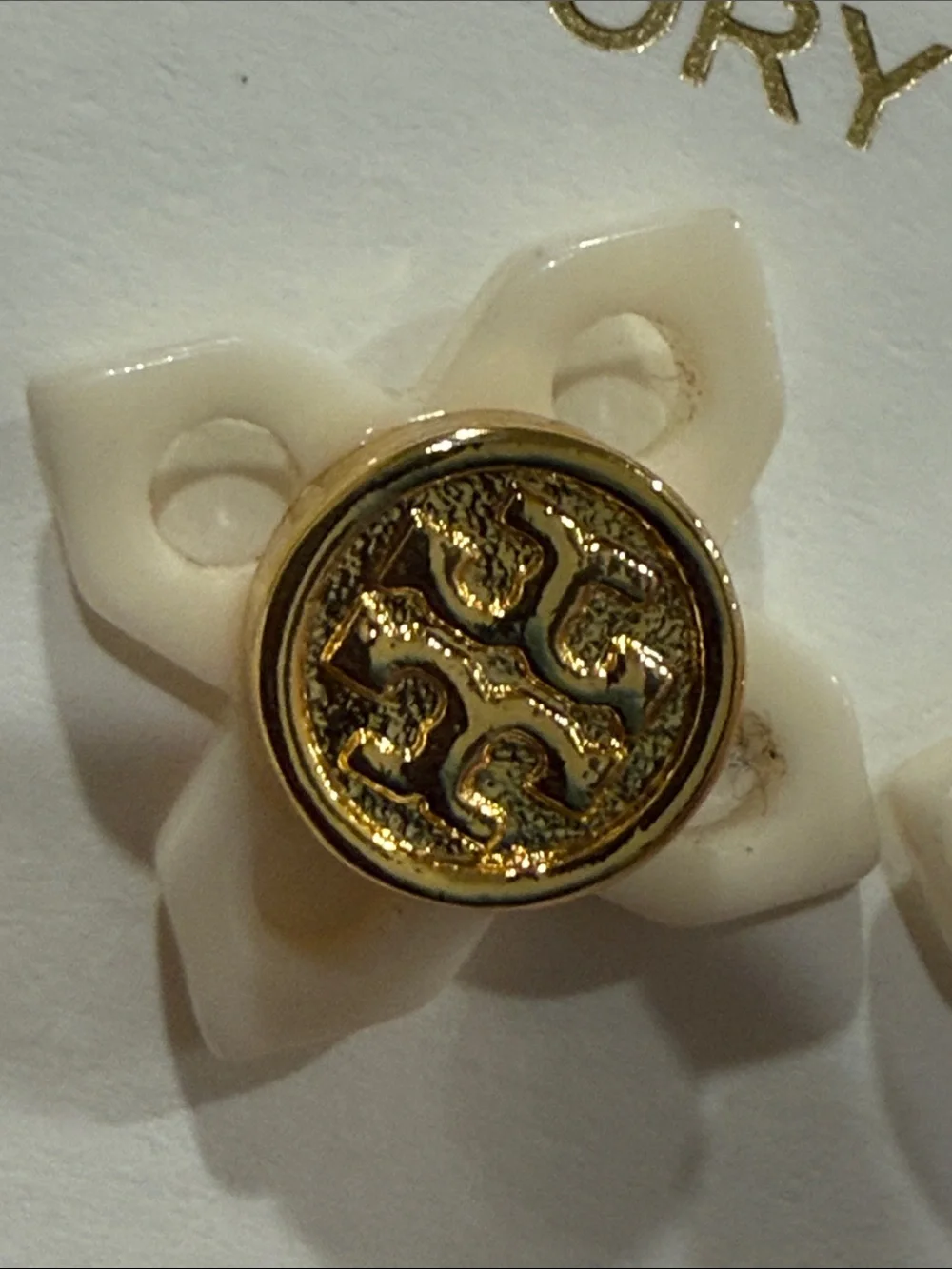 Tory Burch | Gold Plated Logo & Cream Stud Earrings | Small